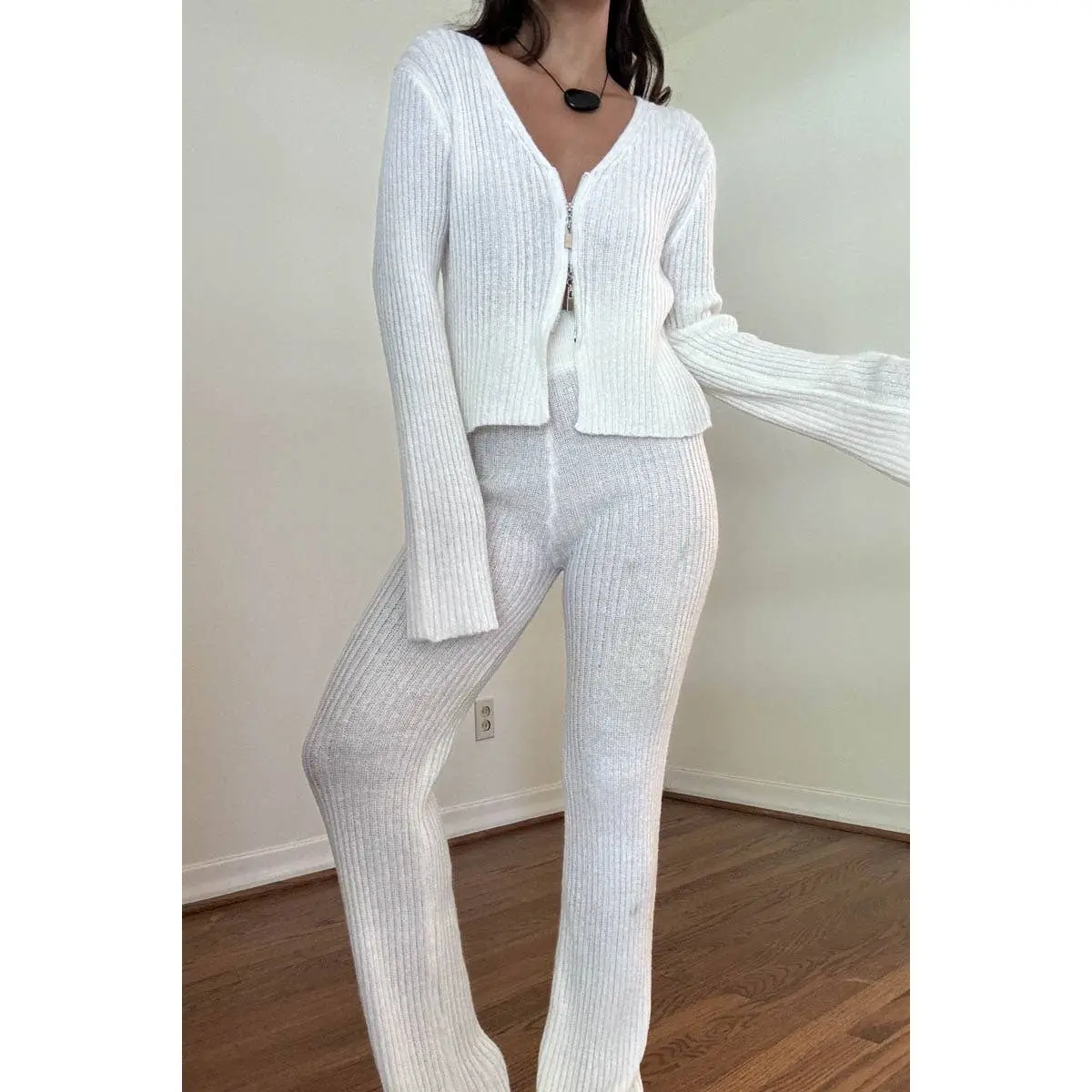 Knitted Front Zipper With Fold Over Pants Lounge Set