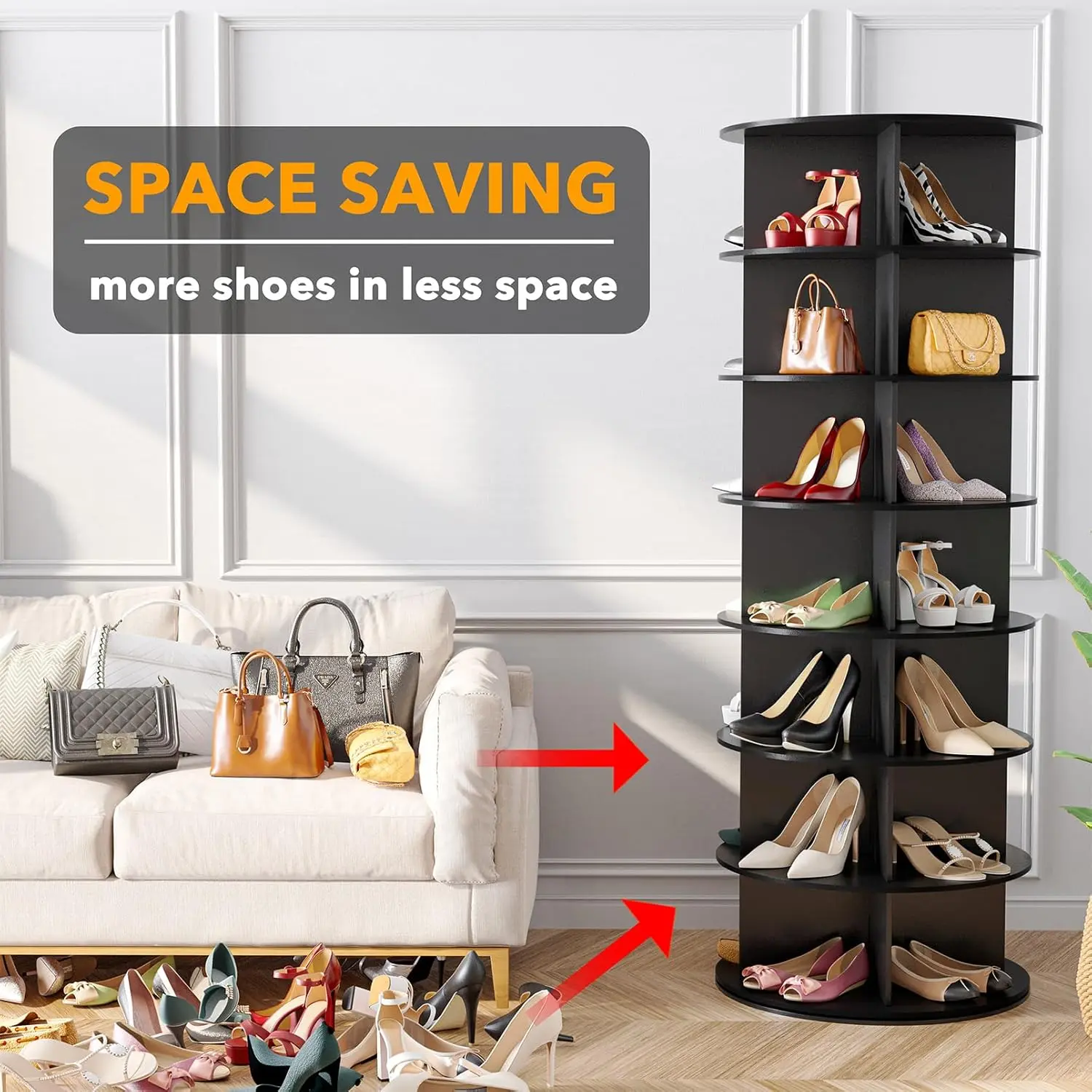 Black 7-Tier Spinning Rotating Shoe Rack Organizer, Shoe Display Tower Lazy Susan, Revolving Shoes Rack StorageOrganization, 360 Vertical Bags Holder Rotate Organizer