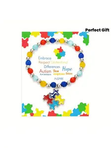 Autism Awareness Colorful Puzzle Bracelet - Adjustable Bead Bracelet, with Inspirational Message Card, Embracing Respect for Differences, Hope to Showcase and Believe in Design. It is the Perfect Gift for Mom (Does Not Include Card)