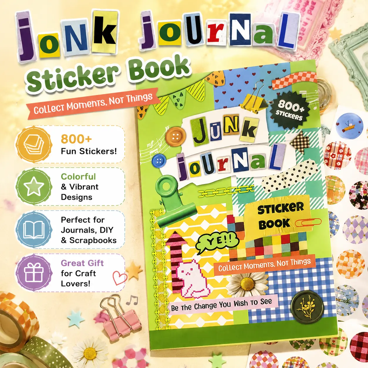 42-Sheet Vintage Junk Journal Kit Book - 800+ PCS PET Stickers, Matte Stickers & Scrapbook Papers for Journaling, Scrapbooking & DIY Crafts