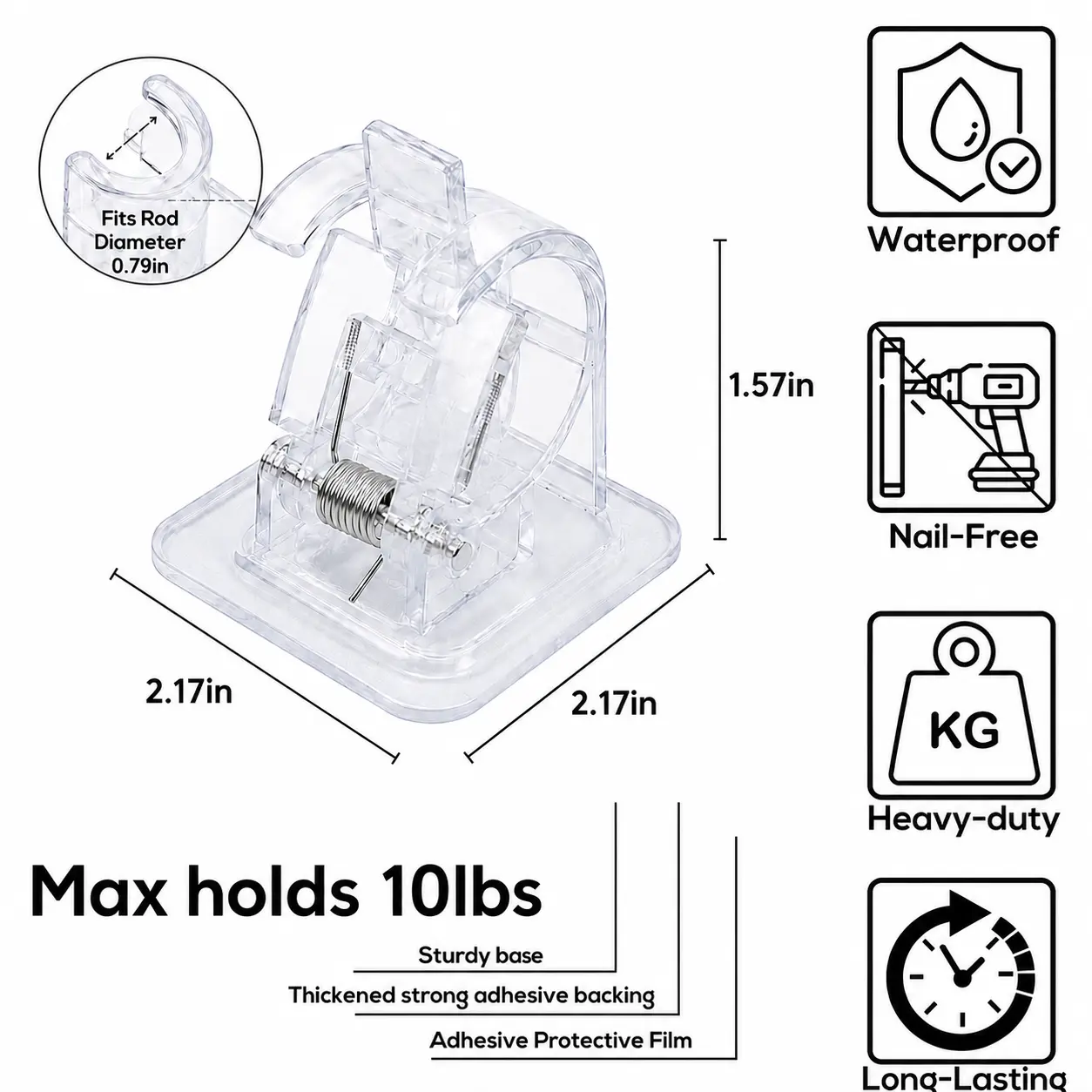10Pcs No Drill Curtain Rod Holders Self Adhesive, Curtain Rod Brackets with Clips, Adjustable Drapery Hooks Damage-Free Hanging, 2.76x2.76 Inch, Multipurpose Nail Free Hanger for Bathroom Kitchen Bedroom Living Room Hotel Pad Light