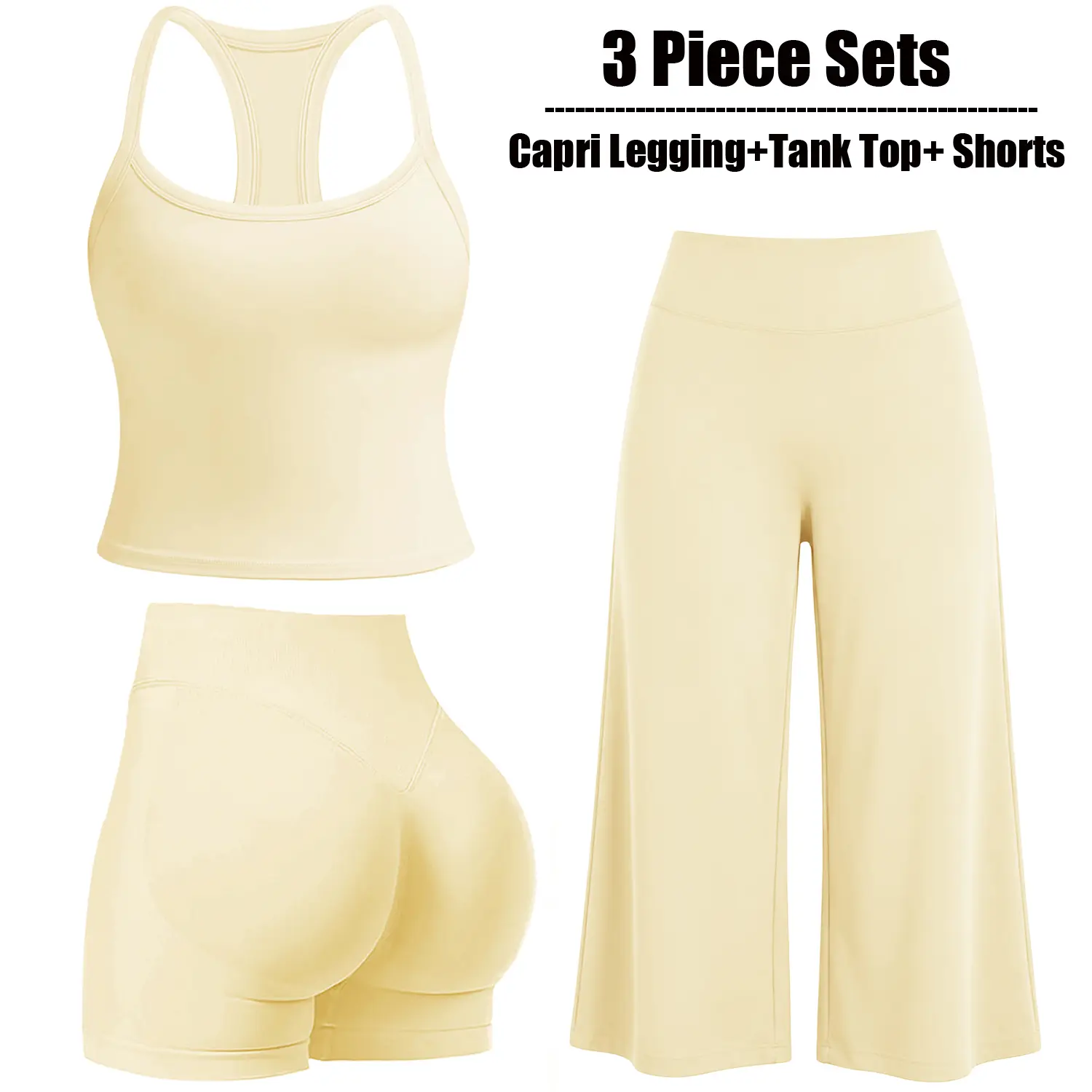 Jetjoy Going Out Sets for Women 3 Pieces,  Yoga Tank Top+High Waist Mid-Length Capri straight-leg pants straight-leg Pants Running Yoga Set for Women,  Spaghetti Straps Crop Top Matching Wide Leg Capri Pants Gym Work Pilates Outfits Womenswear Suit