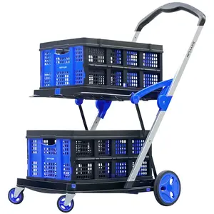 Collapsible Shopping Cart - 2-Tier Multi-Use Functional Portable Folding Food Cart with Wheels & Removable Basket Carries, 2 baskets included, Lightweight, Blue Trolley, Adjustable Foldable rolling trolley for home, grocery, supermarket. FW99G-TTB