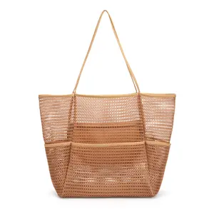 Beach Bag with Mini Pocket, Summer Beach Tote Bags for Women Large Foldable Mesh Swimming Pool Travel Bags - Sandproof