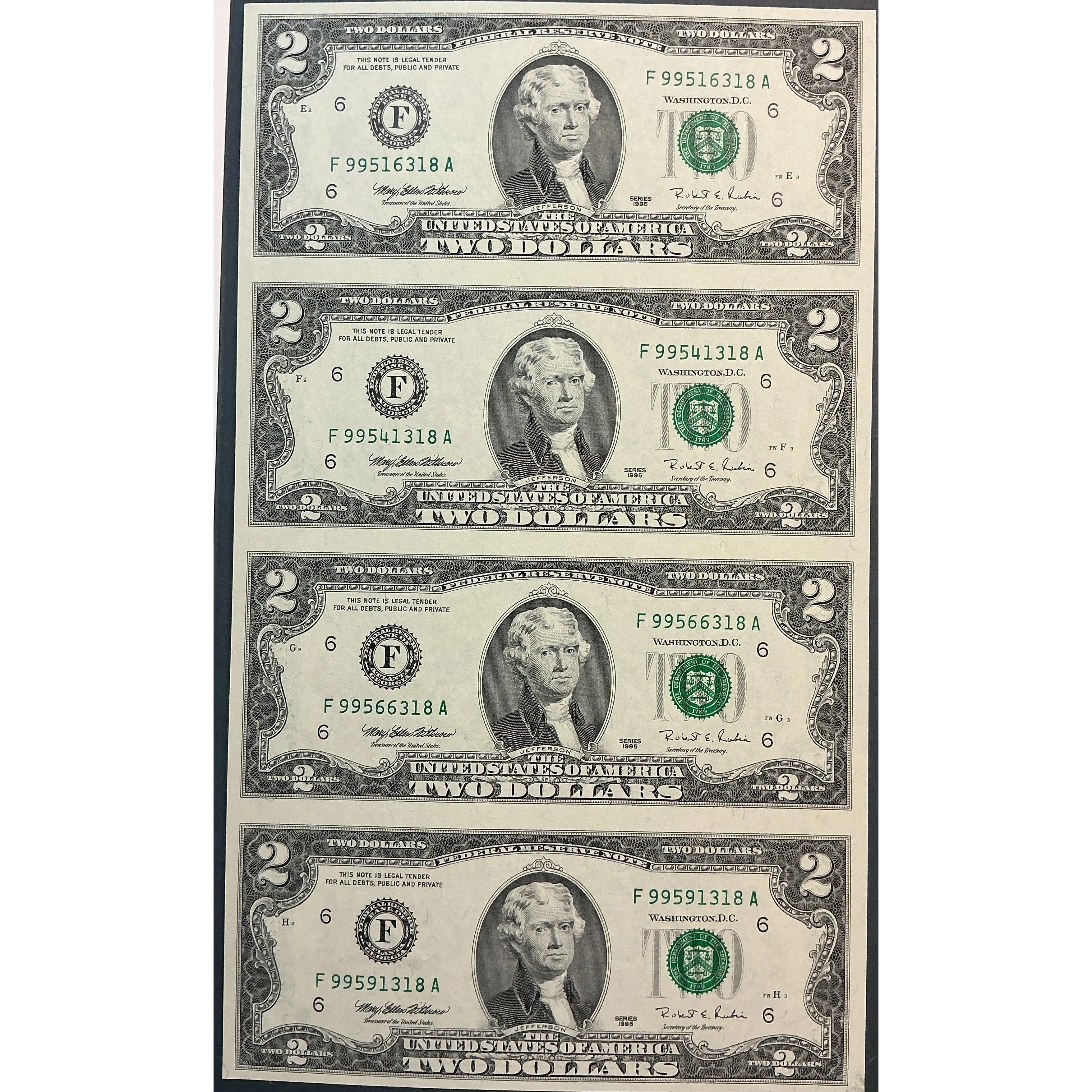 1995 Series $2 Notes, Sheet of 4 Bills, F.R.N., BEP, Store #FRN041