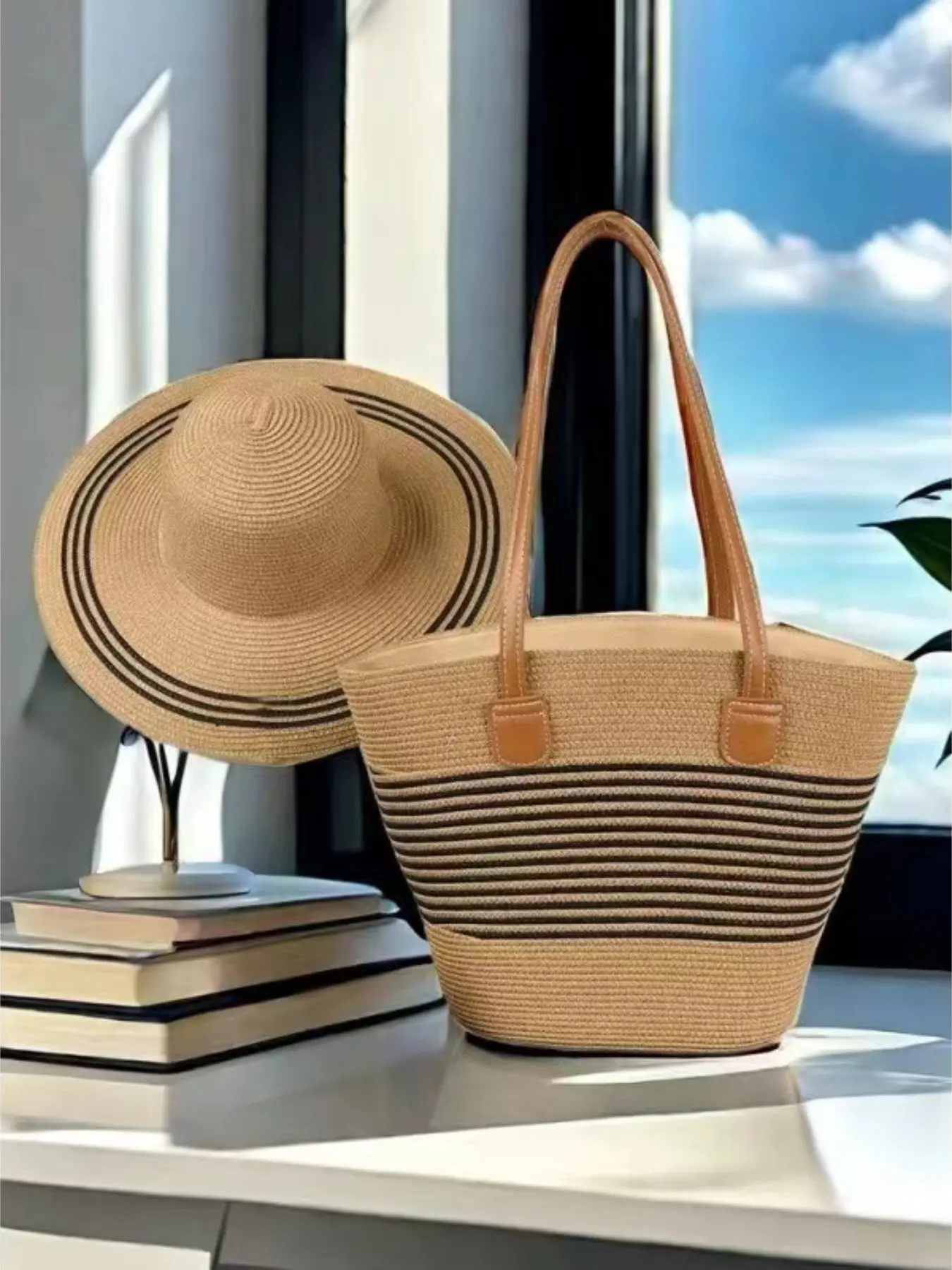 2pcs Fashion Handwoven Large Capacity Bag and Bohemian Sun Protection Straw Hat, Vintage Simple Versatile, Ideal for Daily Outdoors Travel Beach, Handcrafted Summer Tote Bag, Lightweight Beach Bag