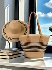 2pcs Fashion Handwoven Large Capacity Bag and Bohemian Sun Protection Straw Hat, Vintage Simple Versatile, Ideal for Daily Outdoors Travel Beach, Handcrafted Bag, Lightweight Beach Bag