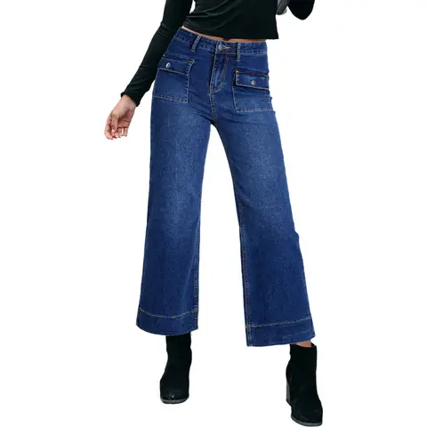 Sidefeel Women's Wide Leg Jeans High Waisted Stretchy Zimbaplatinum Jeans with Patch Pockets Fall Outfit