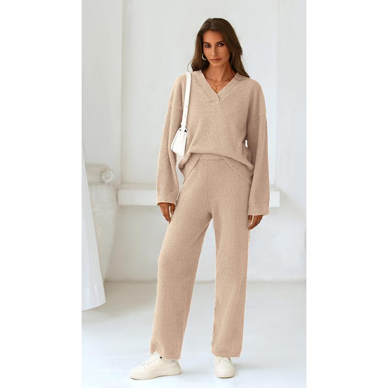 PRETTYGARDEN Women's 2-Piece Lounge Set Soft Chunky V Neck Tops & Wide Leg Long Pants Basic Tracksuit Loungewear Minimalist Homewear Pajama