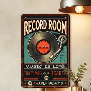 Vintage Record Room Metal Iron Sign, Music Thomed Decorative Wall Plaque, Rustic Wall Hanging Decor for Home, Bar, Cafe, Garage - Multilingual Inspirational Quote Art for Music Lovers