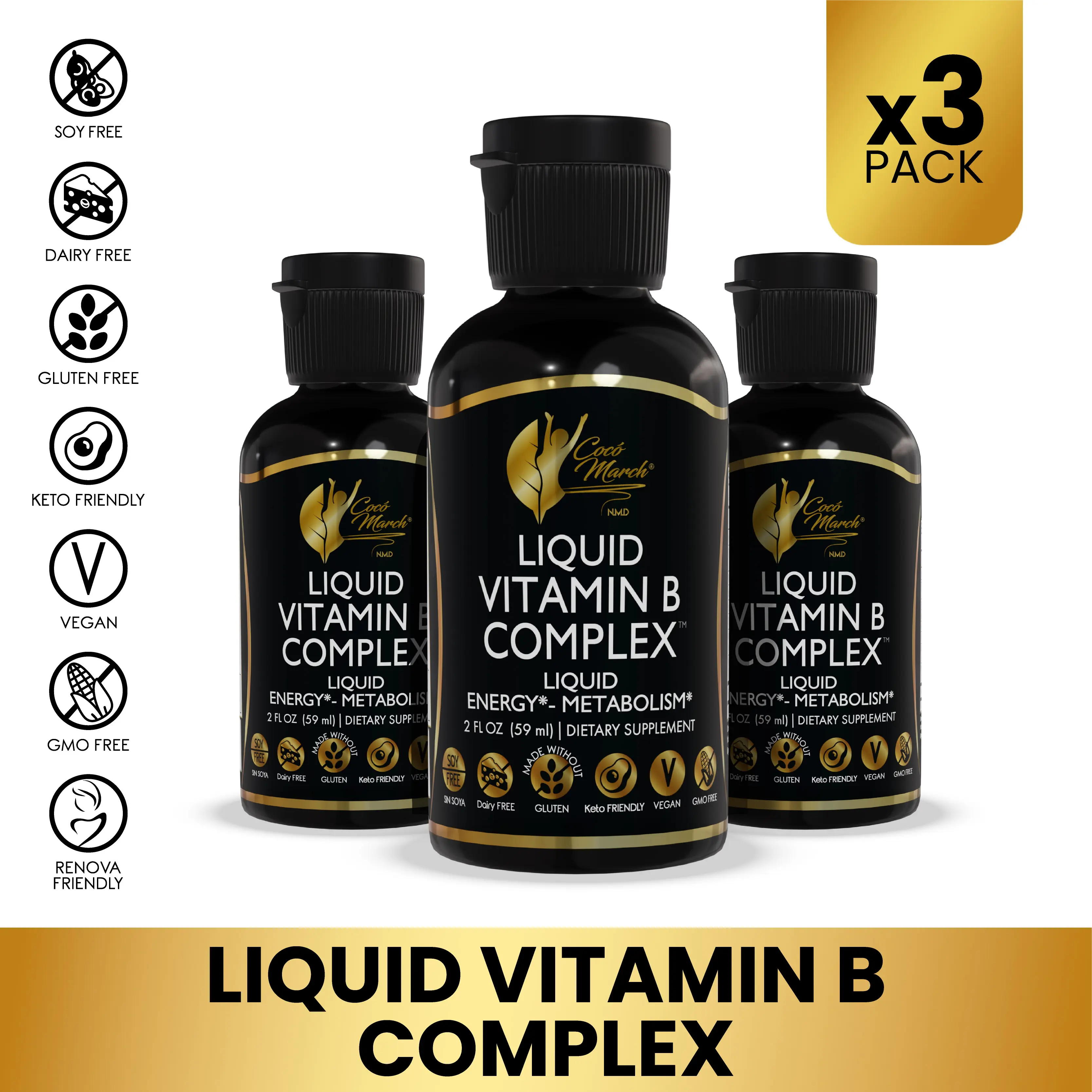 3 Bottles of Cocó March N.M.D Liquid Vitamin B-12 Complex Dietary Supplement, Wellness Support Supplement  - 2 fl oz Healthcare Edible