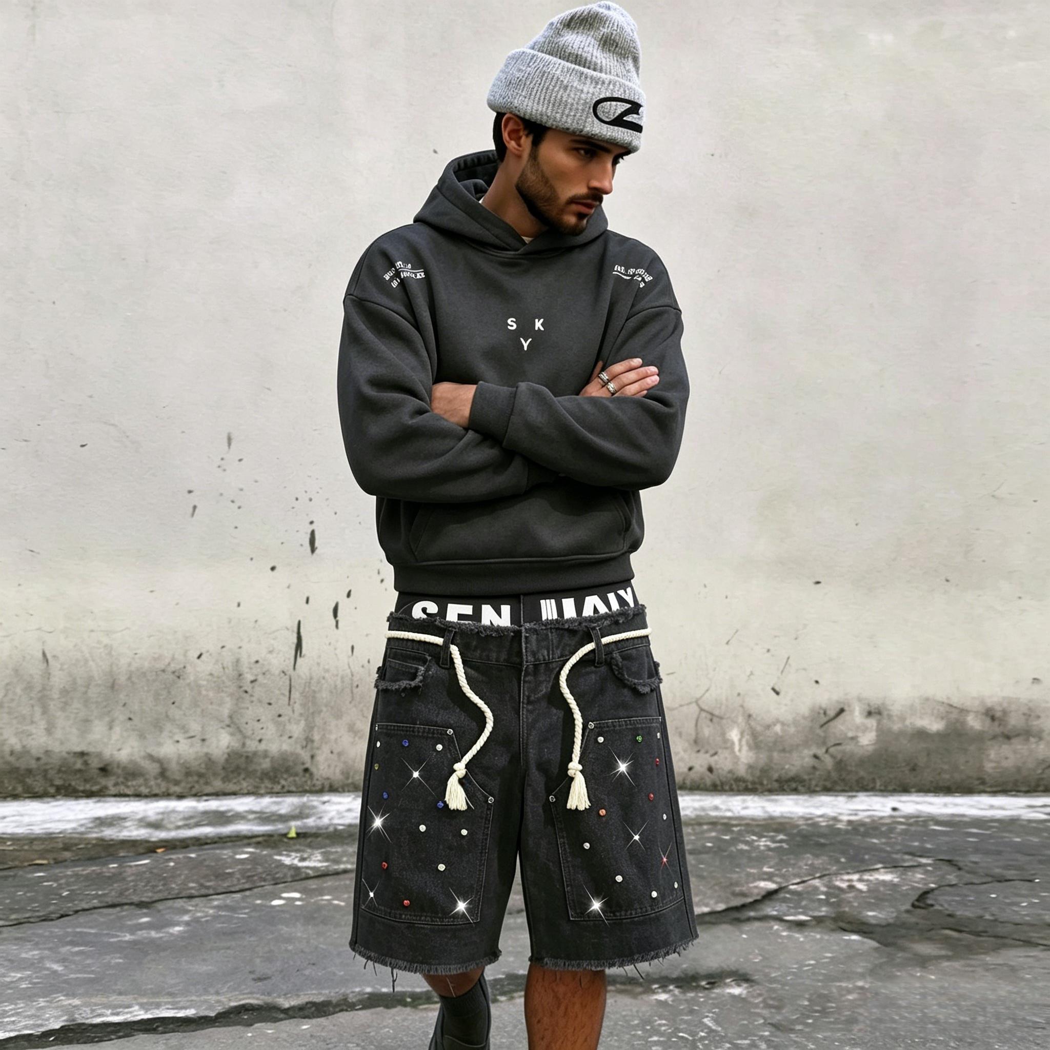 Men's Sparkling Rhinestone Casual Streetwear Shorts - Mid Waist, Loose Cut Lets You Move With Ease, Layered Denim Adds Depth and Texture, Stylish Cotton Blend Double-Layer Menswear Bottoms