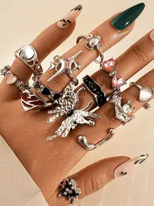 13-Piece Y2K Style Irregular Artificial Gemstone Ring Set, Crystal Lava Butterfly Stackable Rings, Perfect for Parties, Holidays, Daily Wear