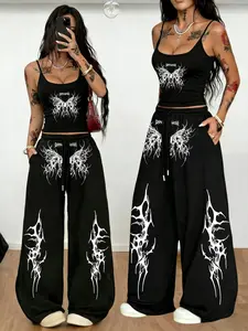 Black Cropped Cami & Wide Leg Sweatpants Set "Darkness Butterfly" Gothic Edgy Set Womenswear Clothes - 2026 Trending Streetwear, Soft Cotton Fabric Perfect for Festivals & Daily Outings, Bold Metal Print That Stands Out, Versatile Relaxed Fit