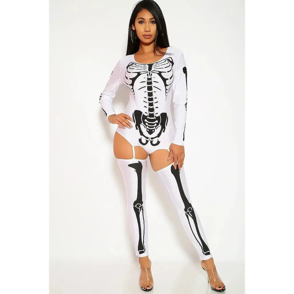 Sexy Bone-A-Fide Skeleton White Long Sleeve Bodysuit 3 Pc Costume