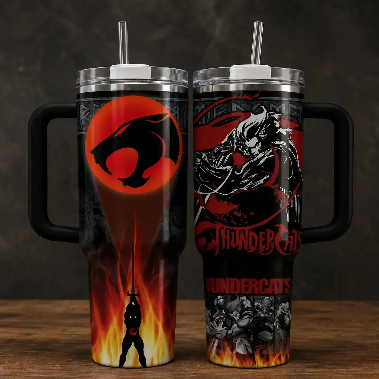 Retro ThunderCats 40oz Portable Stainless Steel Insulated Travel Mug with Handle, Red-Black Warrior Cat Design Tumbler with Straw