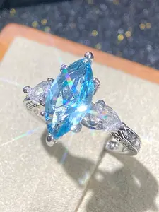 1 PC Fashion Blue Cubic Zirconia Ring For Women For Valentine's Day Gift Wedding Anniversary Jewelry Teardrop Bridal Rings