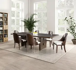 FM3420BR-T-7PC 7 pc Mid-Century Modern Dining Table Set with Dark Walnut Finish & Trestle Base Table 46" x 72" x 30" H