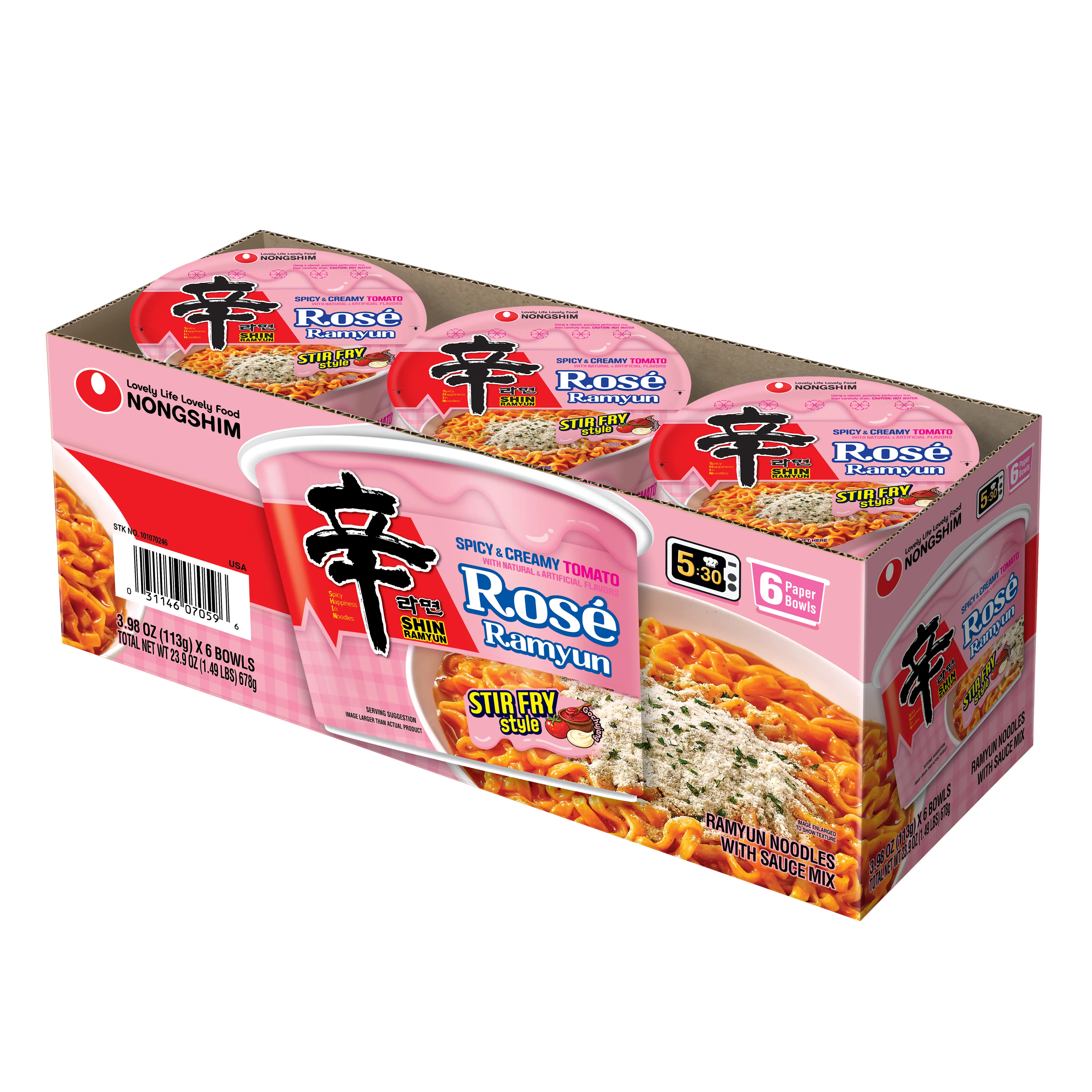 Nongshim Rosé Ramyun Instant Noodles - Spicy & Creamy Tomato Flavor, 5.3 oz, 6 Packs Food with Rich Sauce Mix, Cholesterol-Free, Enriched Wheat Flour