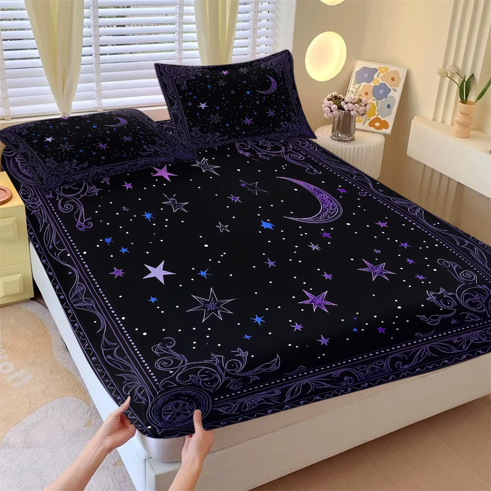 Mystical Purple Moon & Star Fitted Sheet Set, Soft Breathable Gothic Night Sky Bedding, 1 Fitted Sheet + 2 Pillowcases, Unique Witchy Gift Bed Cover for Bedroom, Dorm & Guest Room, Twin/Full/Queen Size