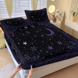 Mystical Purple Moon & Star Fitted Sheet Set, Bed Sheet Sets, Soft Breathable Gothic Night Sky Bedding, 1 Fitted Sheet + 2 Pillowcases, Unique Witchy Gift Bed Cover for Bedroom, Dorm & Guest Room, Twin/Full/Queen Size