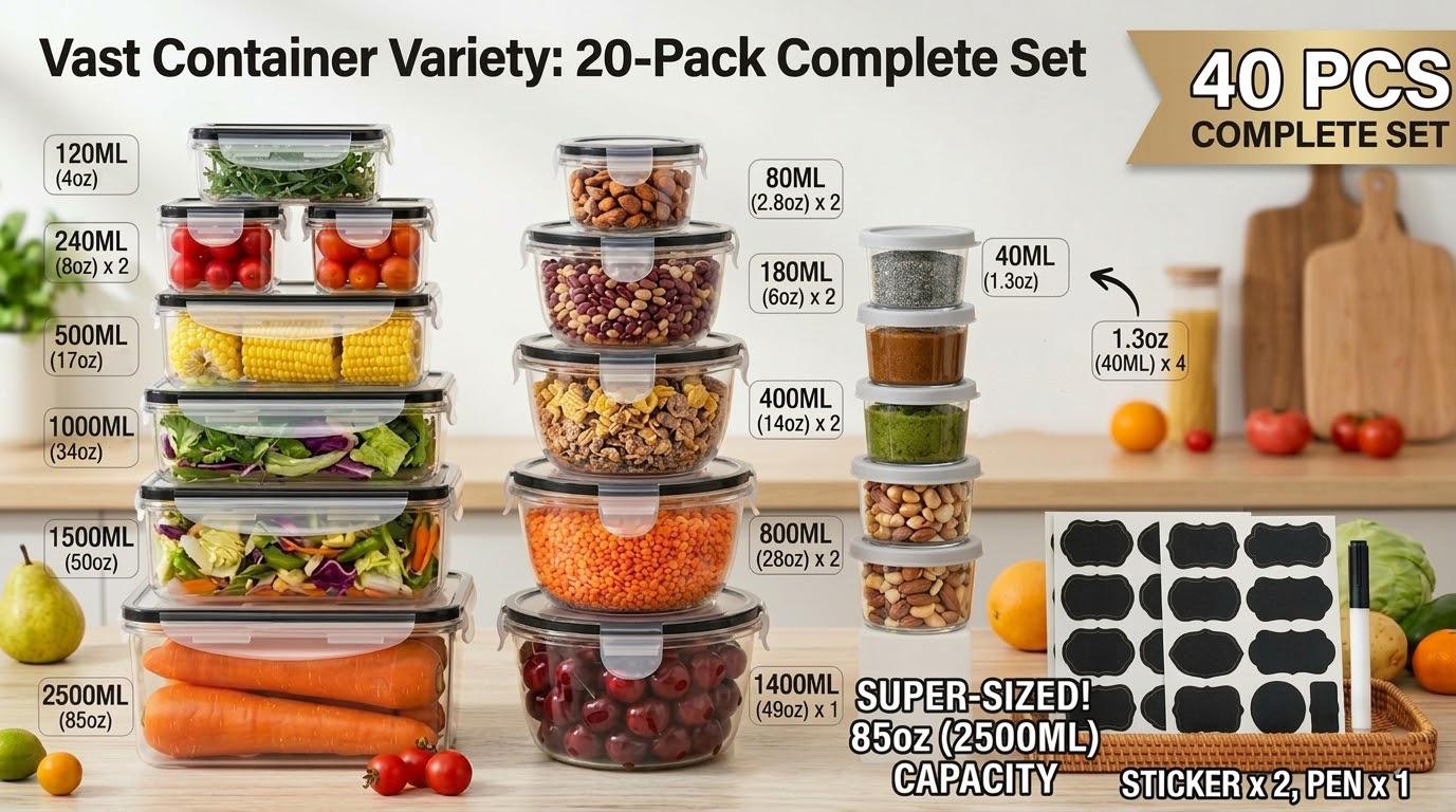 40 PCS Airtight Food Storage Containers with Lids – Leakproof BPA-Free Meal Prep Containers, Stackable Kitchen & Fridge Organizer