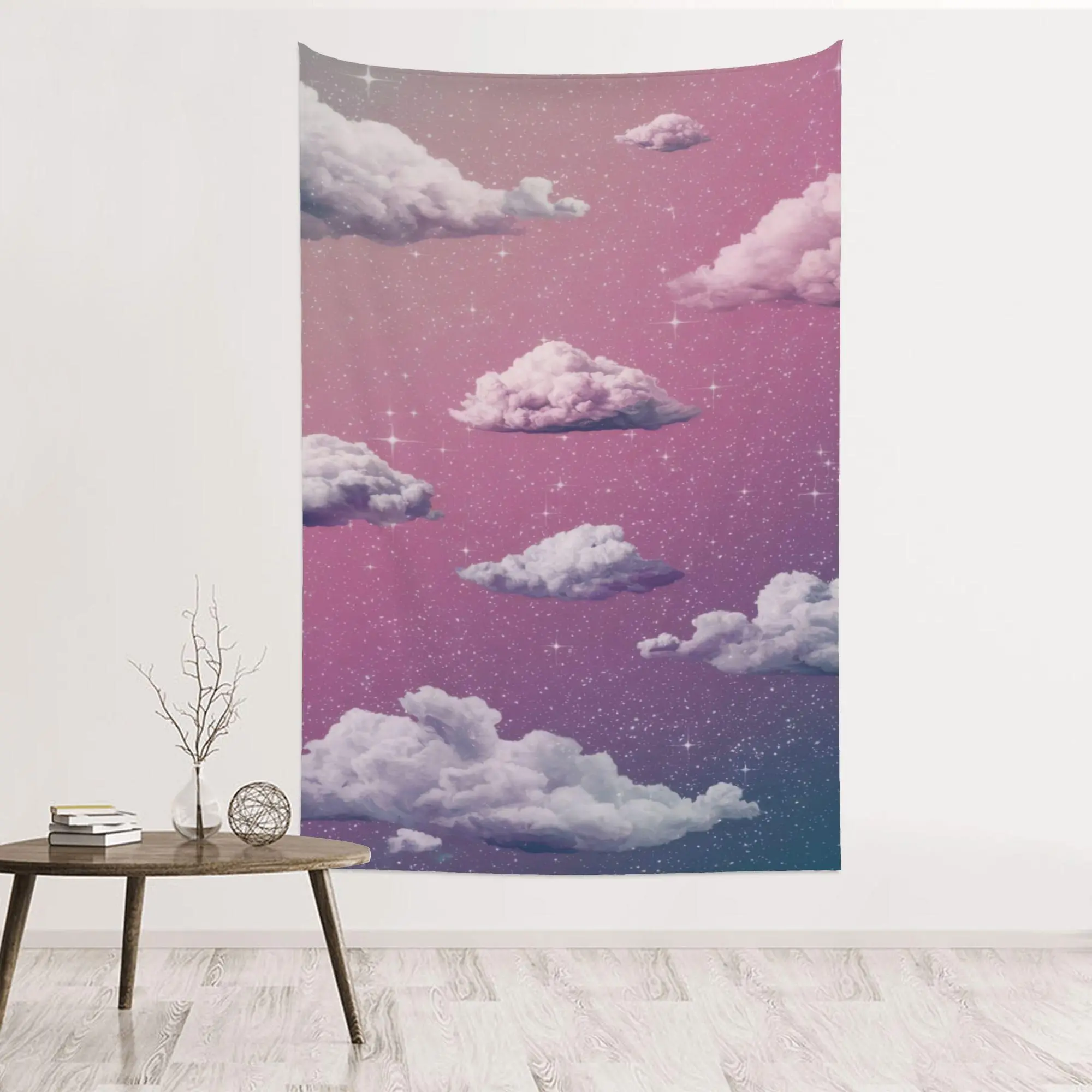Pink Starry Cloud Tapestry, Dreamy Floating Clouds and Sparkling Night Sky Wall Hanging, Soft Aesthetic Bedroom Decor, Polyester Fiber