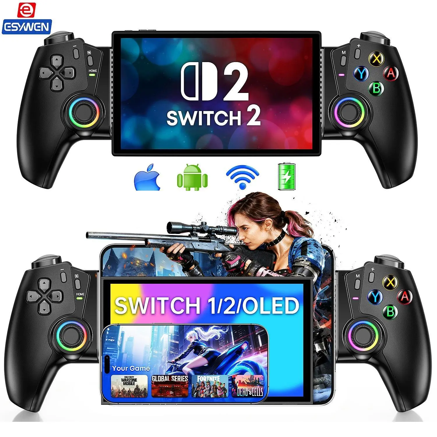 ESYWEN Switch 2 Controller for Switch 2/OLED/Android/iPhone Wireless Joypad with Hall Effect Joysticks & Triggers Supports Xbox Cloud Steam Link GeForce Now 6+ Hours Playtime
