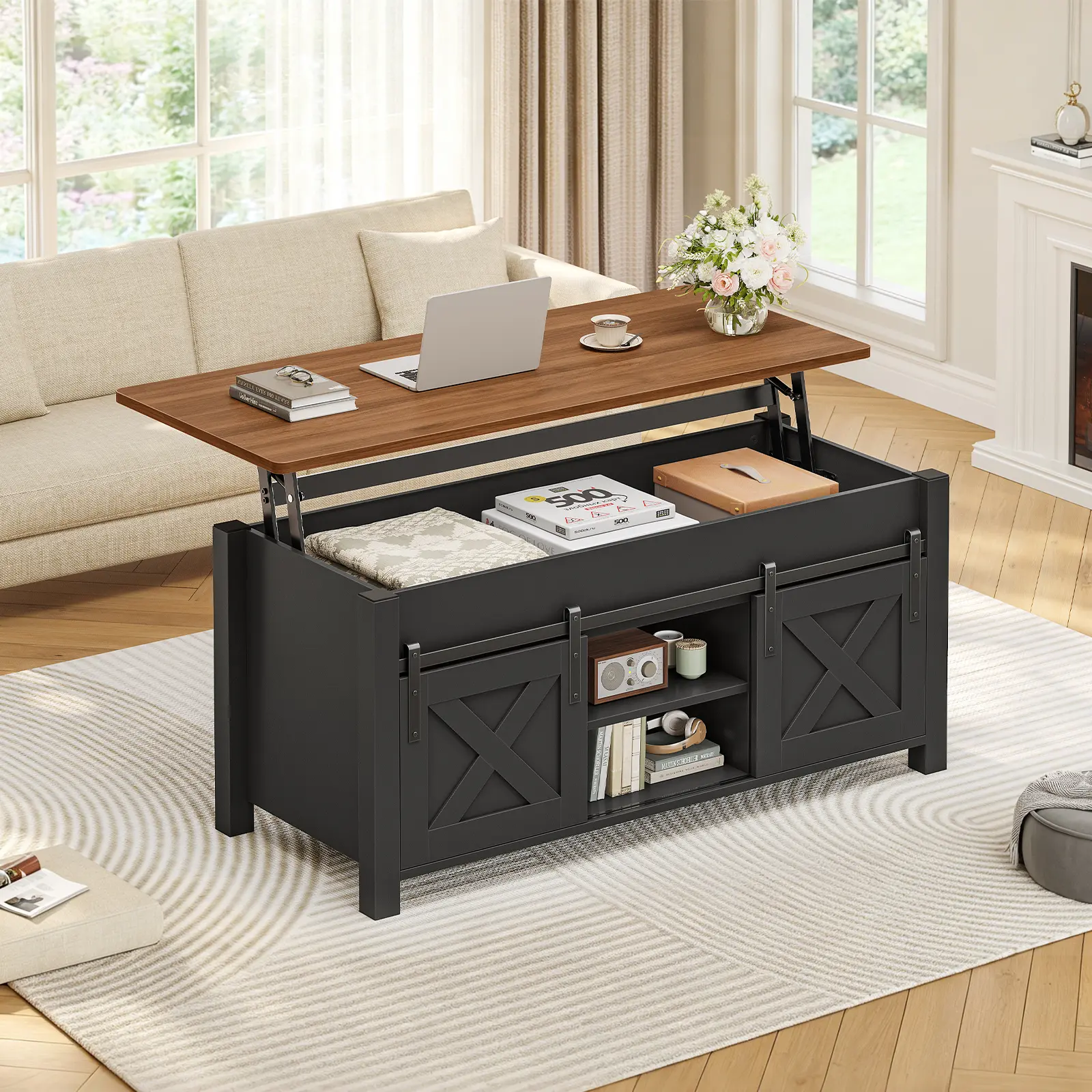 SEDETA 39.3 in Oak Wood Lift Top Coffee Table - Farmhouse Style, Gas Spring, Hidden Compartment, Open Storage Shelf, 150 lbs Capacity, Medium to Small Living Room Indoor Furniture, Coffee Table Living Room