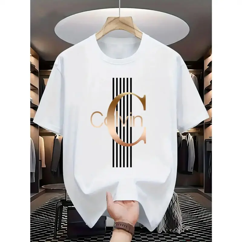 Men's Casual Calvin Graphic Cotton Top - Short-Sleeve Menswear Sports Top, Bold Letter Print, Black Stripes, Golden Accents, Breathable Round Neck, Summer Streetwear, Machine Washable, Shortsleeve