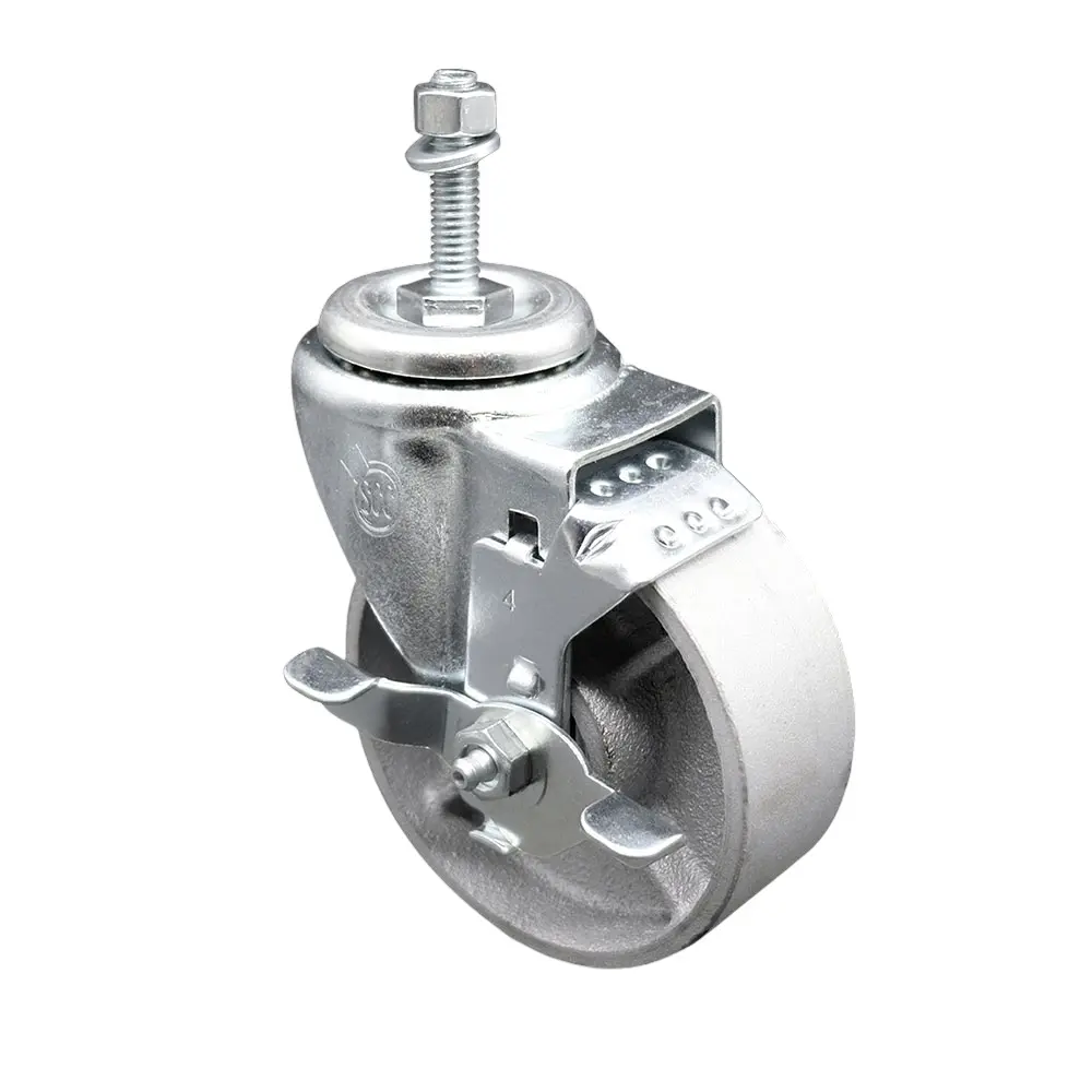 Service Caster SCC-TS20S414-SSS-TLB-M1015 Rugged Semi-Steel Cast Iron Swivel Threaded Stem Metal Caster, Furniture Moving Wheel, 4x1.25 in. Silver, 10 mm Stem, Top Locking Brake Capable, 300 lbs Load, Cost-Effective for Material Handling Equipment Carts