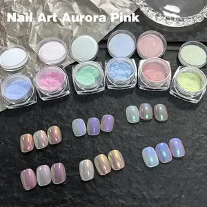 Aurora nail powder in 6 colors, glitter neon nails, rainbow-colored aurora glitter effect, mermaid princess nail art color soak powder for nail decoration and nail care