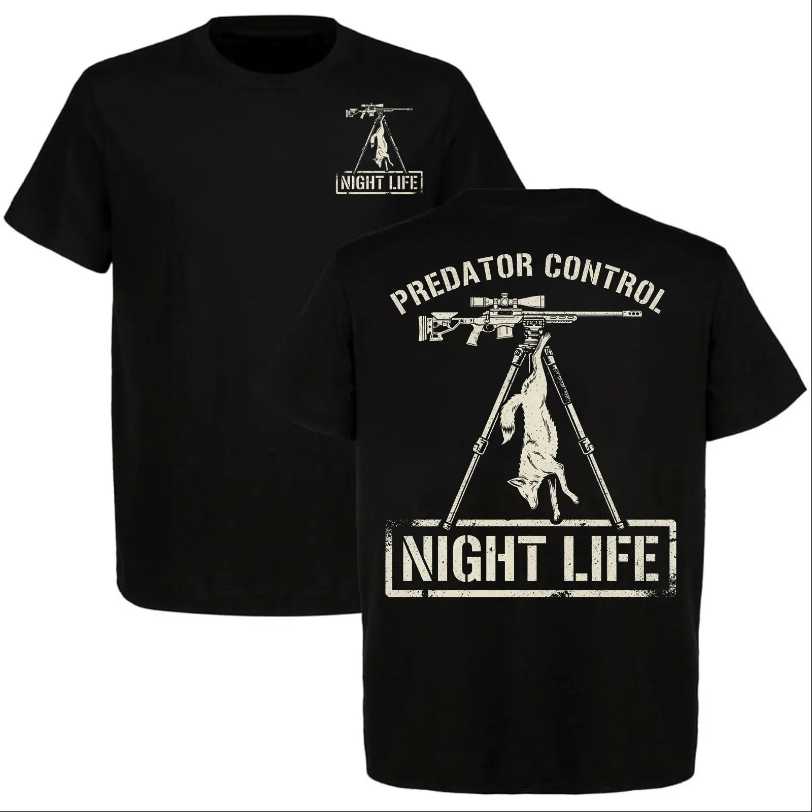 Predator Control Night Life Coyote Hunting T-Shirt, Vintage Rifle Hunter Graphic Tee, Front and Back Print, Gift for Hunters and Outdoorsmen