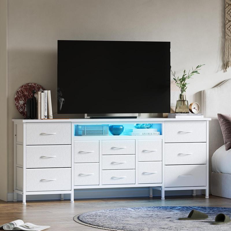 70 Inch Long Dresser with 13 Drawers, TV Stand for 65-80 Inch TV with Charging Station & LED Lights, Fabric Storage Organizer for Living Room, White