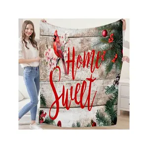 Happy New Year Cardinal Wood Grain Design Throw Blanket - Super Soft Fleece, Reversible, All-Season Blanket For Bed, Couch, Home Decor, Birthday, Christmas Gifts, Red Cardinal, Winter Decor, Housing Gifts, Christmas Decor-30*40in