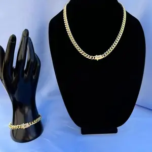 【2pcs Set】14K Vacuum-gold Plated Miami Cuban Link Chain Hip Hop Necklace and Bracelet with 5A+ Canada Zircon CZ Jewelry Fashionable Accessory Valentines Gifts for GF Men Women unisex Monaco Mexico & Micro Promise chains For Husband Boyfriend Birthday Gift