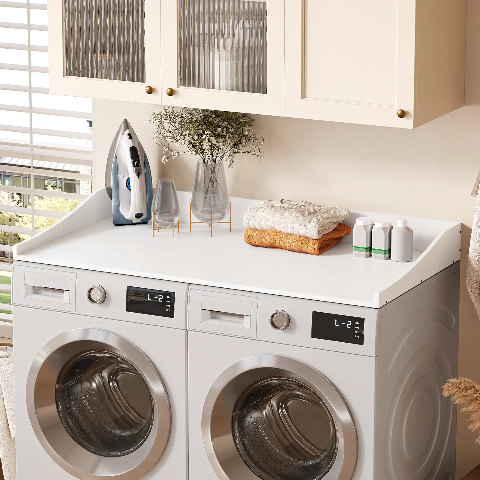 54'' Washer Dryer Countertop Organizer for Apartment Washing Machine, Laundry Room Storage Rack with Non-Slip Mat