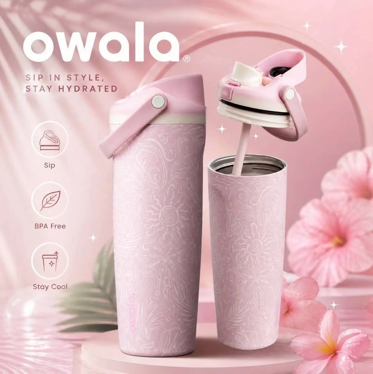 Owala FreeSip 30oz Coastal Bohemian Water Bottle – Limited Edition Birthday Bash Collection | Rare & Sold Out