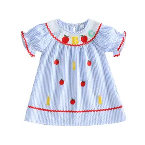 Toddler Baby Little Girls Back to School Dress Letter Embroidery Short Sleeve Round Neck Striped Dress 1-6 Years