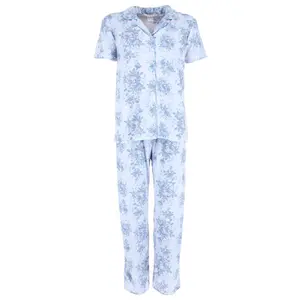 CTM Women's Floral Notched Collar Picot Pajama Set, Long Leg Pajama Sets