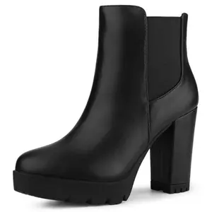 BLISSFUL STEP Round Toe Zipper Block Heel Platform Ankle Boots