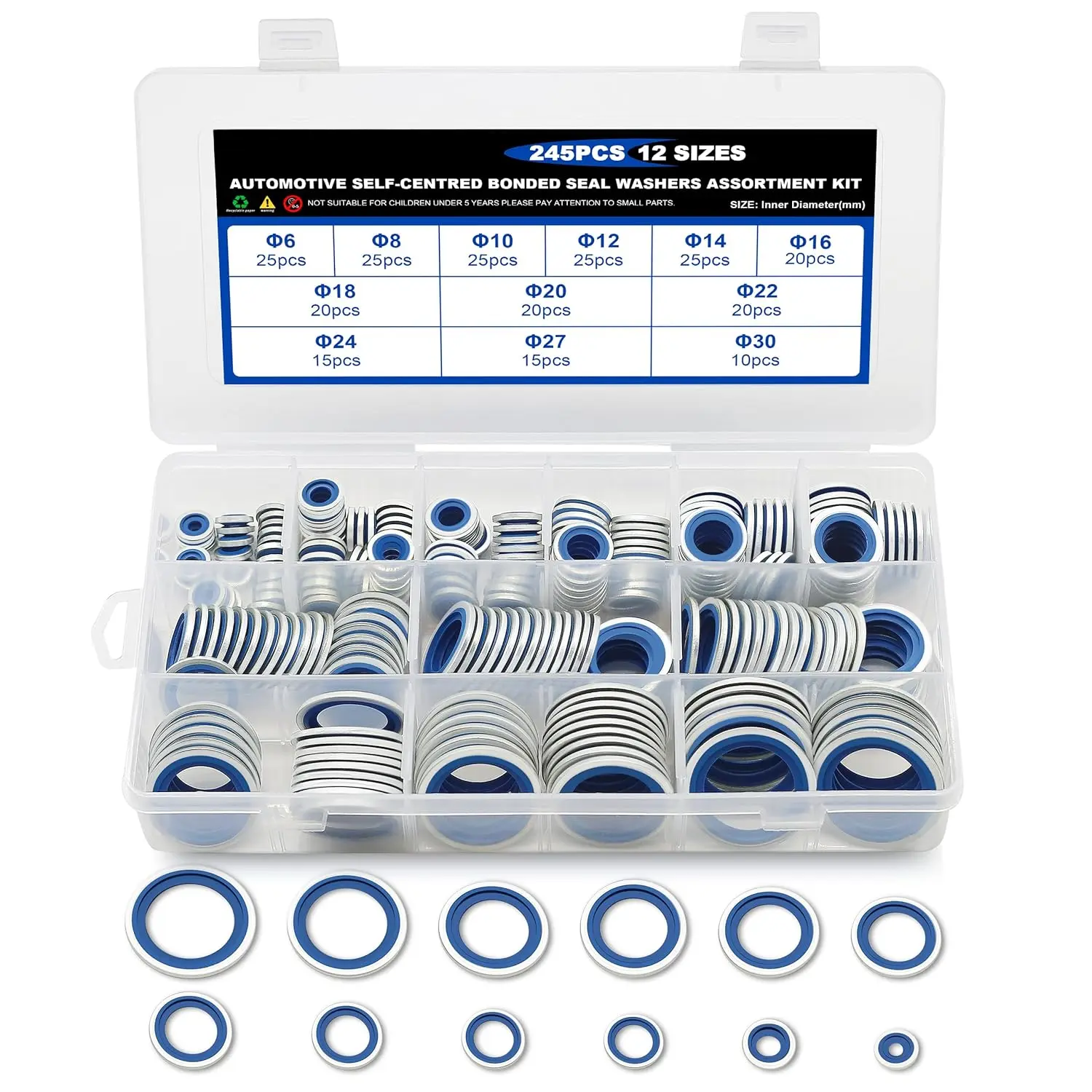 245 count Metric Bonded Seal Dowty Washer, NBR Zinc-Plated Automotive Self-Centred Seal Rubber Washers, Gasket Seal Crush O-Ring Assortment Kit Set, Includes Sizes of M6-M30