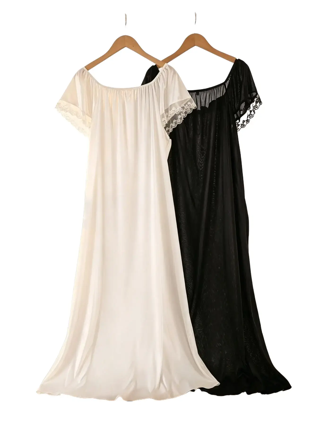 Women's 2-Pack European-American Style Smooth Patchwork Black-White Long Loungewear Nightie Set, Feminine Nightwear with Long Skirts, Comfortable Home Rest Wear, Ideal Housewarming Gift (Fashion Accessory Set)