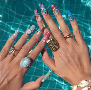 Summer Beach Press on Nails Luxury 3D Fish Star Sea Shell Square Handmade Nails Art Gif For Her