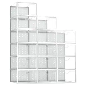 15 Pack X-Large Clear Plastic Shoe Storage Boxes Fit Size 12 Stackable Organizer for Closet Sneakerheads White Bin Bins