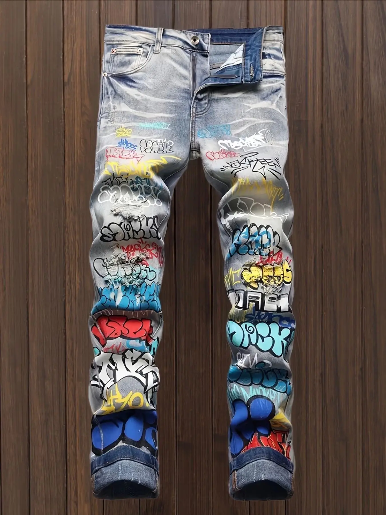 Men's Letter Graffiti Print Denim Jeans, Casual Comfy Jeans for Daily Wear, Fashion Men's Bottoms for All Seasons, Graphic Pants, Ripped Pocket Jeans, Ripped Pocket Design, Stretch Denim Jeans, High Quality Jeans