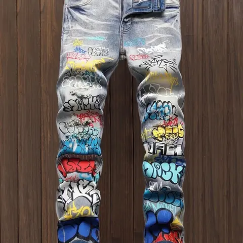 Men's Letter Graffiti Print Denim Jeans, Casual Comfy Jeans for Daily Wear, Fashion Men's Bottoms for All Seasons, Graphic Pants, Ripped Pocket Jeans, Ripped Pocket Design, Stretch Denim Jeans, High Quality Jeans