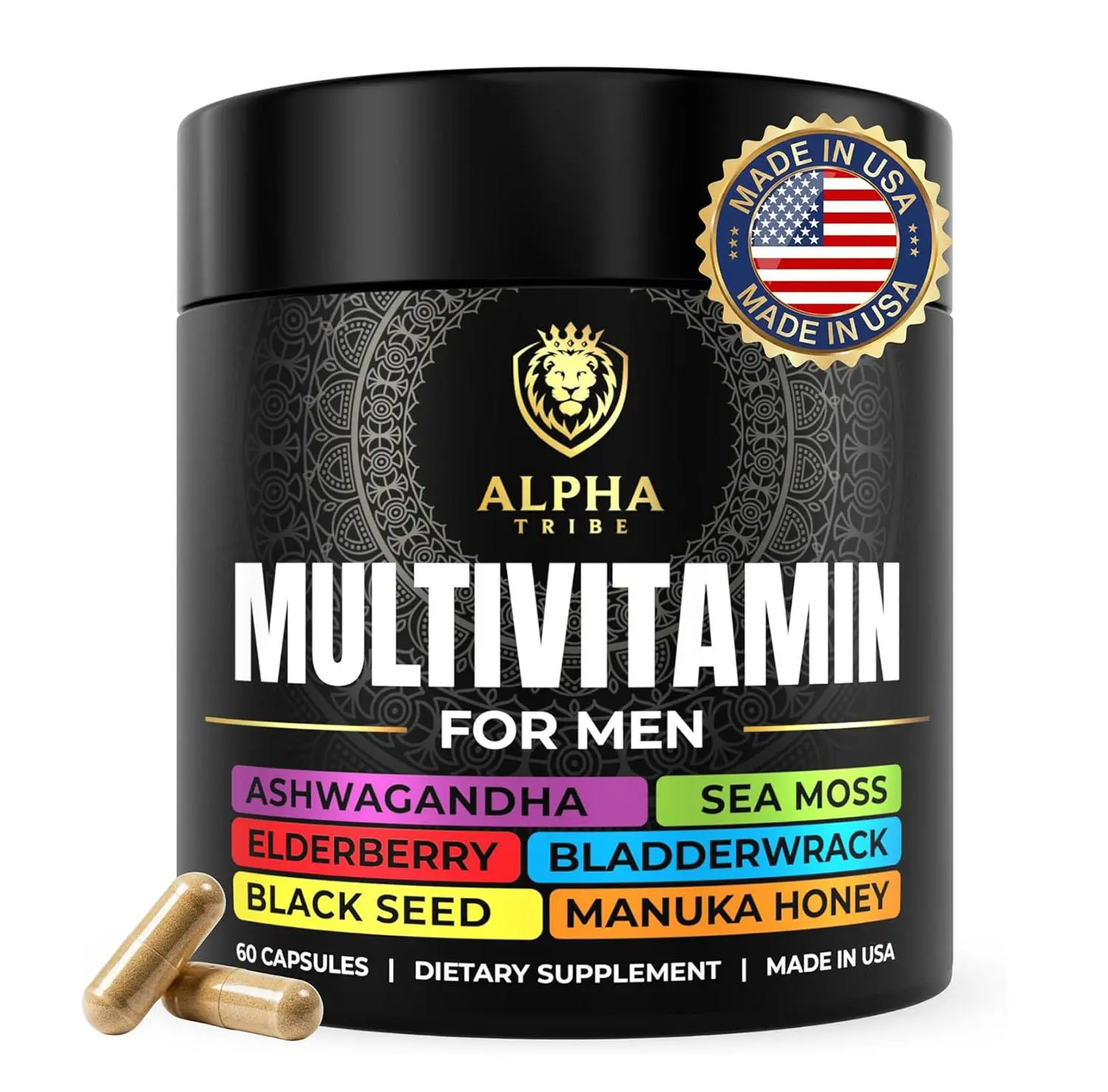 Alpha Tribe Multivitamin for Men with Seamoss Black Seed Oil Ashwagandha Burdock Root, Turmeric Bladderwrack, Vitamin C, Elderberry, Manuka, Yellow Dock | Daily Men's Vitamins and Minerals Supplement