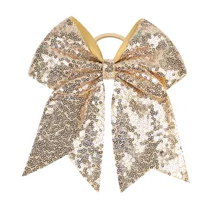 7 Inch Cheer Bow Hair Tie – Large Sequin Cheerleading Hair Bow with Elastic Ponytail Holder, Glitter Ribbon Bow with Long Tail for Girls Women (Champagne Gold) red