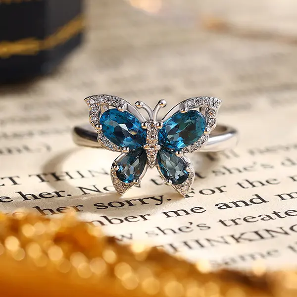 Women's S925 Silver Butterfly London Blue Topaz Ring - Natural Gemstone, Adjustable Size, High-Quality Setting, Elegant Female Jewelry for Girl, Anniversary, Wedding Gift, Daily & Party Wear, Birthday